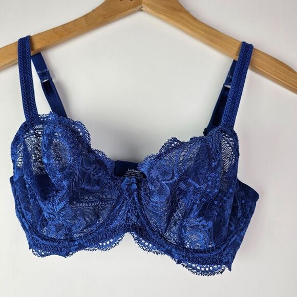 Le Mystere Balconette Sheer Lace Underwire Bra Navy Blue 32E French‎ - Picture 1 of 7